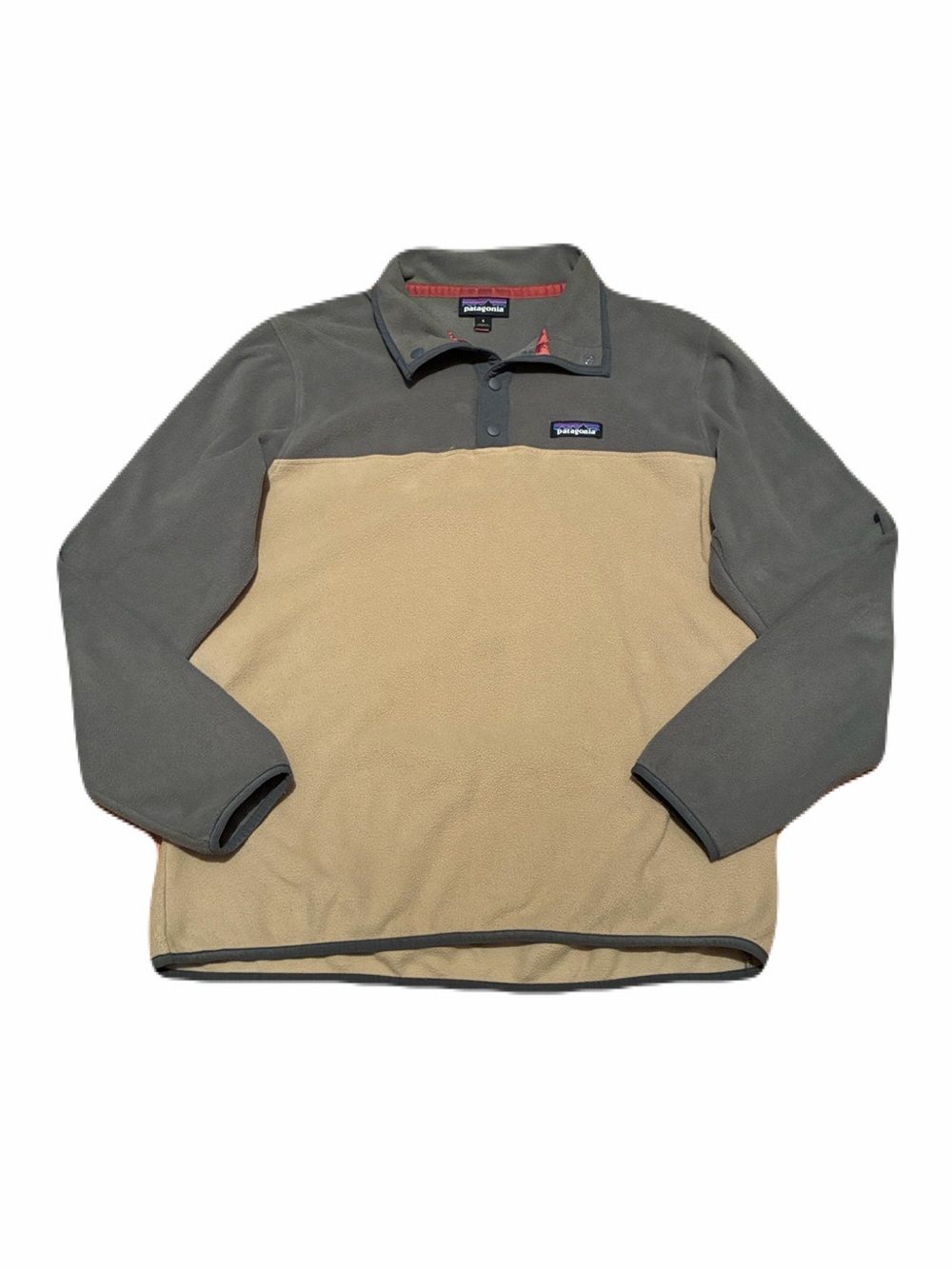 Patagonia Micro D Snap-T Pullover Fleece in Khaki Tan & Green, Men’s size Small